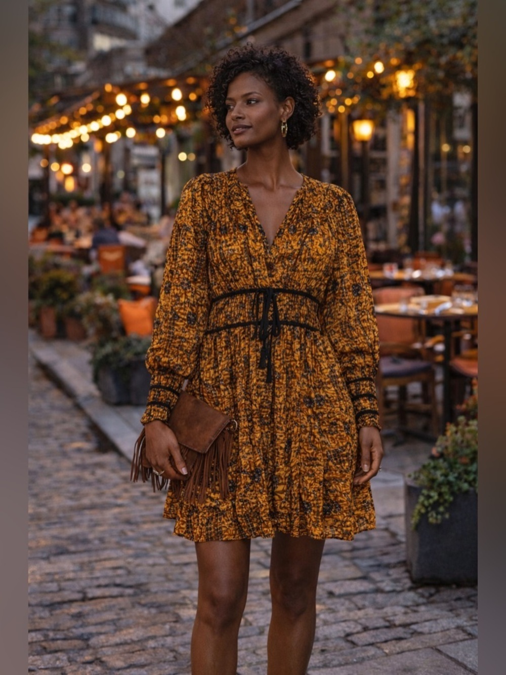 Ulla Johnson Gold Black Mini Dress Sz 2 Boho Long Sleeve Printed
